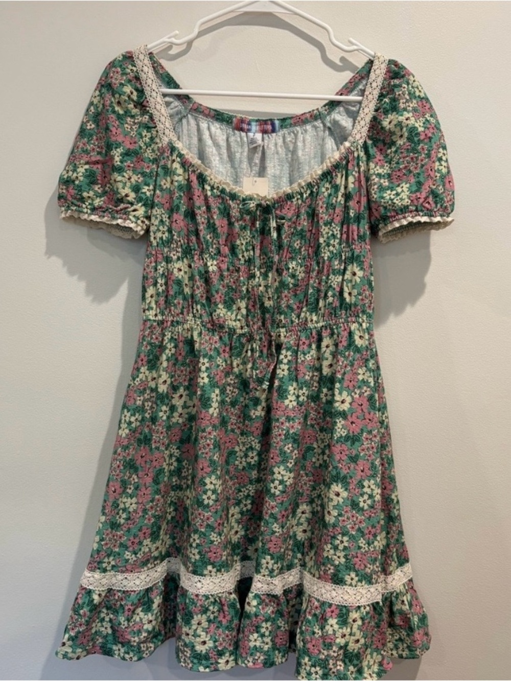 Urban Outfitters Green Floral Midi Dress with Pink and White Flowers